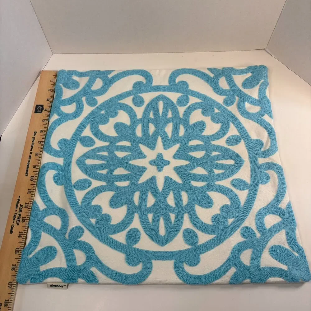 Alysheer Aqua Blue Embroidered Mandala Throw Pillow Cover Appr. 18x18Cotton Boho